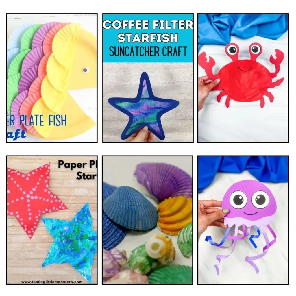 Pictures of six different beachy craft projects for kids such as starfish, jellyfish, crab, rainbow fish, and painted seashells.