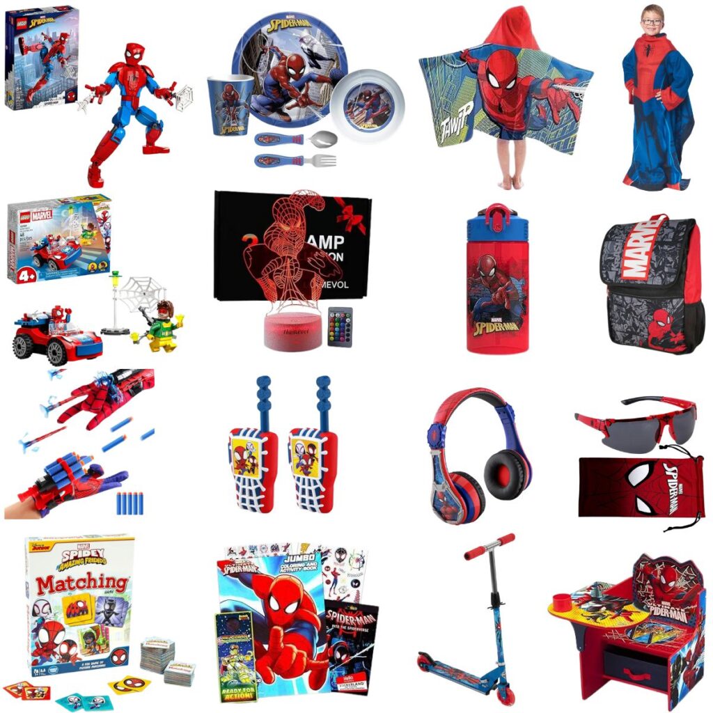 Square collage of assorted Spider-Man merchandise from toys to apparel.