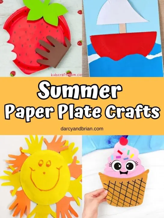 Collage of summer-themed crafts made using paper plates including a strawberry, a sailboat, a sun, and ice cream.