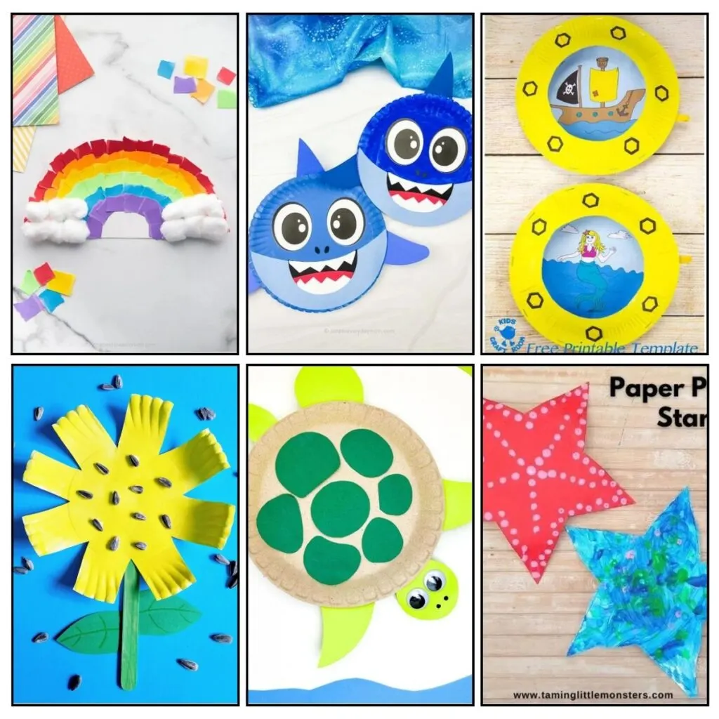 Six paper plate craft projects in a square collage image. Featuring a rainbow, shark, porthole, turtle, sunflower, and starfish.