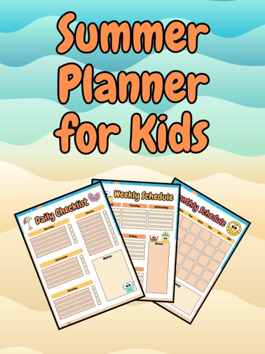 Orange text on an illustrated beach colored background says Summer Planner for Kids. Preview of three printable pages fanned out.