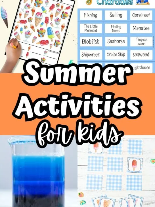 Collage of four different kids' activity ideas for summer: ice cream ispy counting worksheet, ocean charades cards, blue density jar, and popsicle matching game.