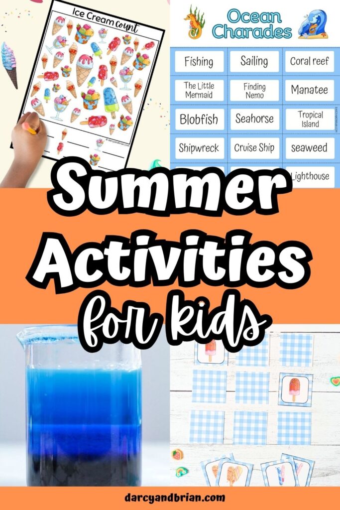 Collage of four different kids' activity ideas for summer: ice cream ispy counting worksheet, ocean charades cards, blue density jar, and popsicle matching game.