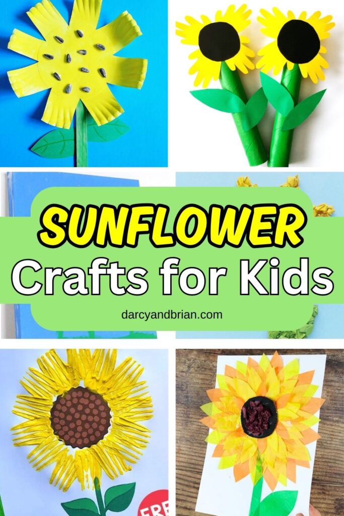 Four different sunflower arts and crafts using paint, paper plates, tissue paper, paper tubes, and more.