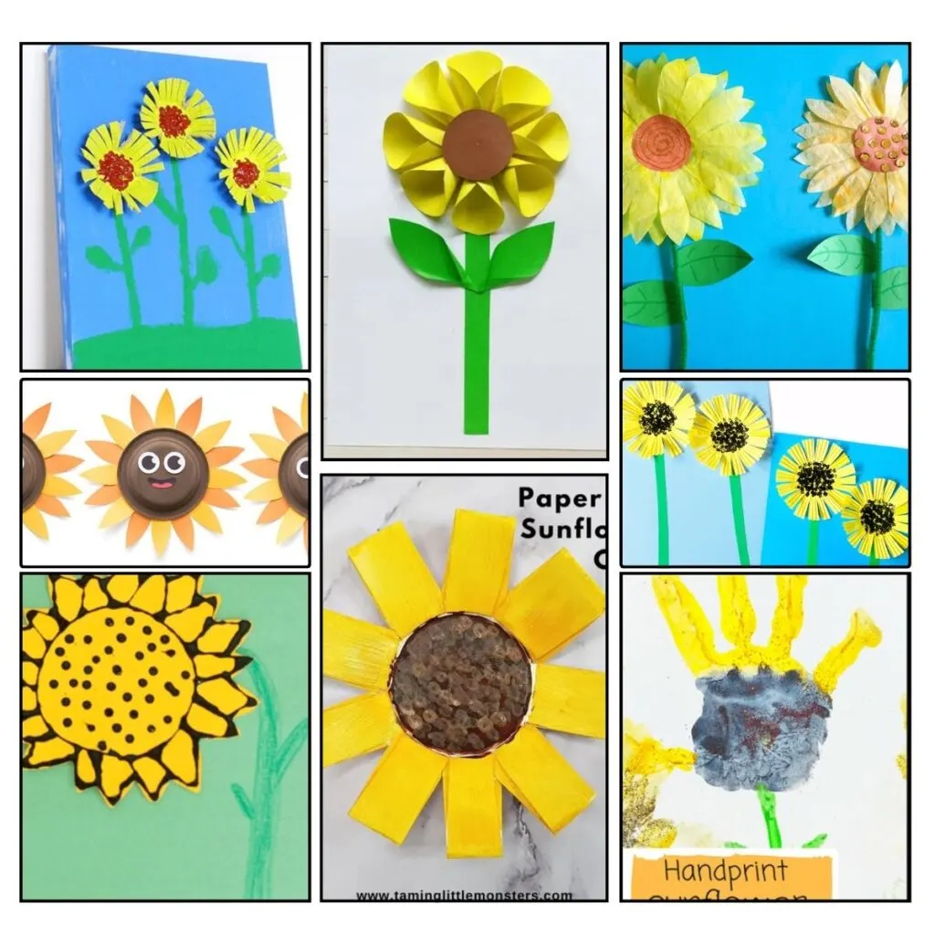 Square collage for 8 different sunflower kids craft projects. Some are made with paper, cupcake liners, coffee filters, painted handprints, and more.