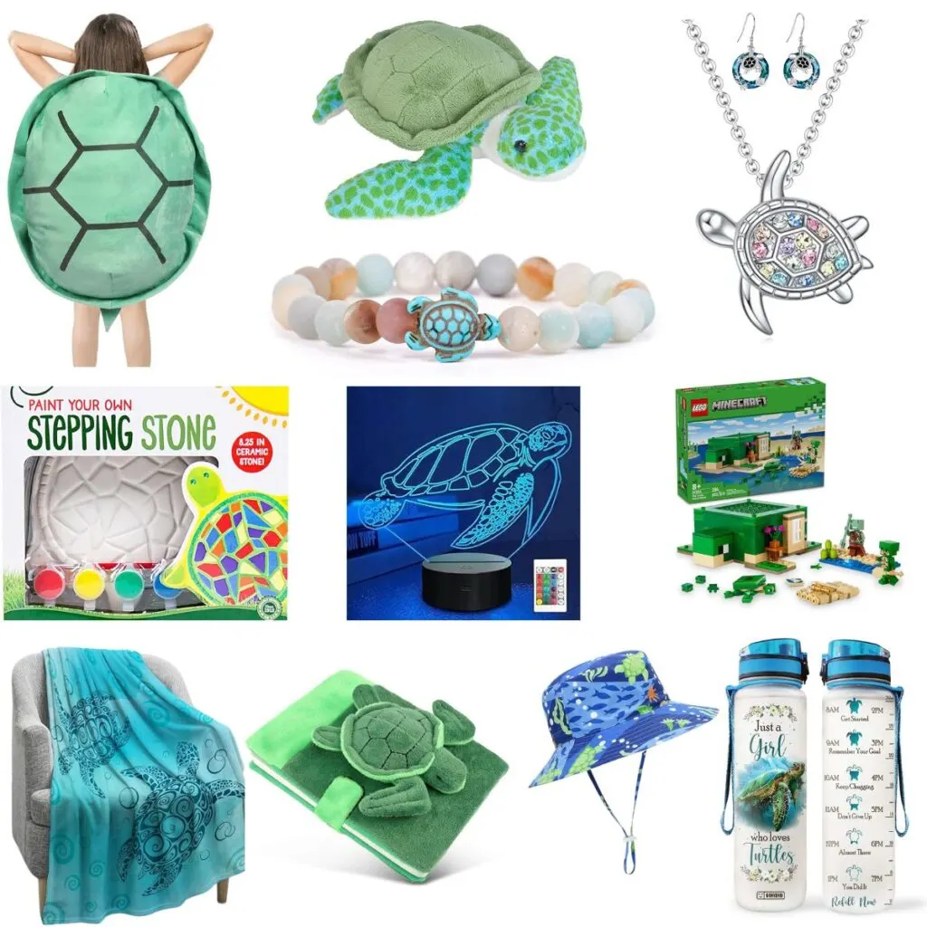 Collage of 12 different turtle-themed items that make great presents for kids and teens. Includes a blanket, water bottle, jewelry, LEGO set, and craft kit.