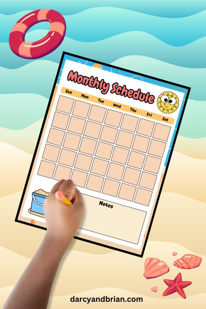 Child's left hand holding a pencil over the notes section on monthly calendar printable page.