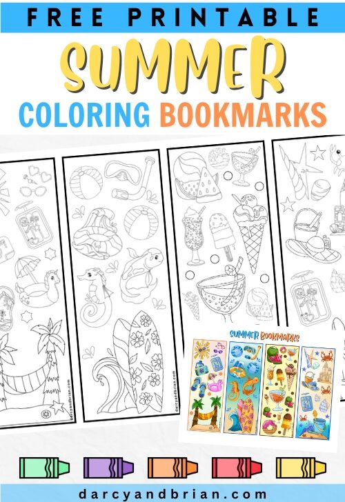 Text along the top in yellow, blue, and orange says free printable summer coloring bookmarks. The black and white version to color is angled across the image and a small version of the color version in lower right corner.