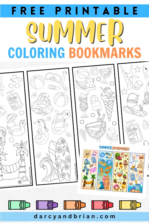 Text along the top in yellow, blue, and orange says free printable summer coloring bookmarks. The black and white version to color is angled across the image and a small version of the color version in lower right corner.
