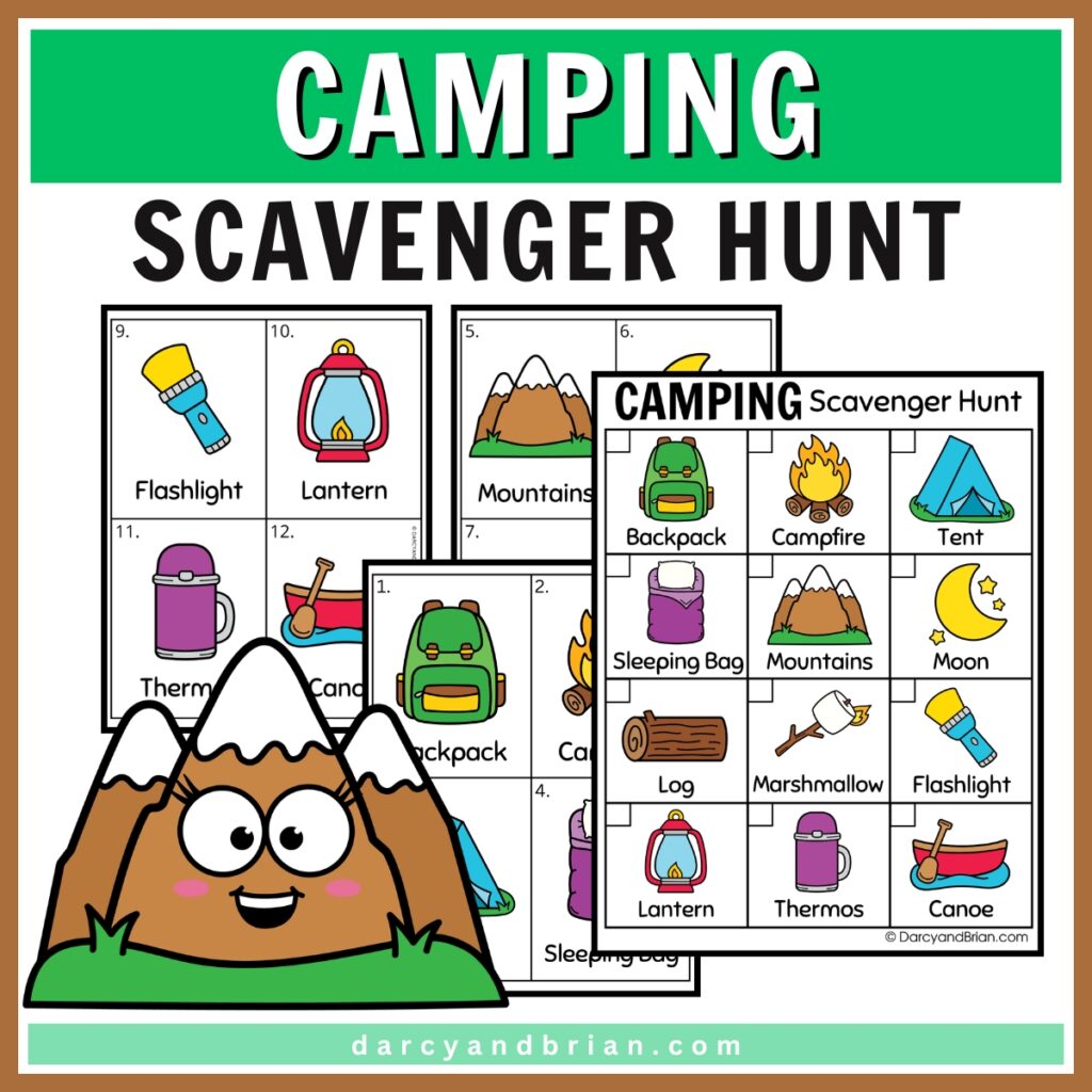Mockup preview of the checklist and cards with camping items on it all in color.