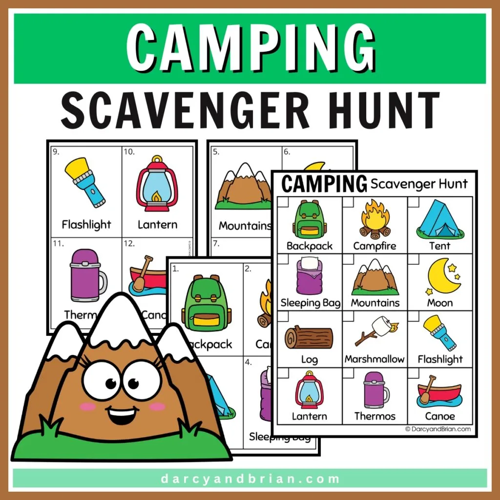 Mockup preview of the checklist and cards with camping items on it all in color.