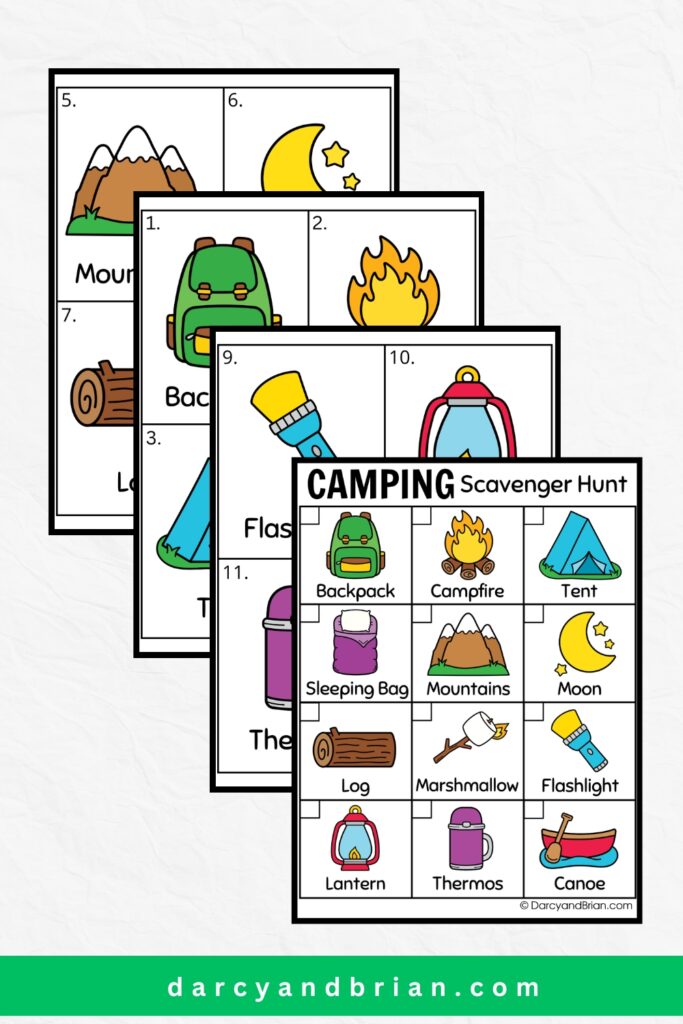 All four pages of camping scavenger hunt printable pages overlapping vertically.