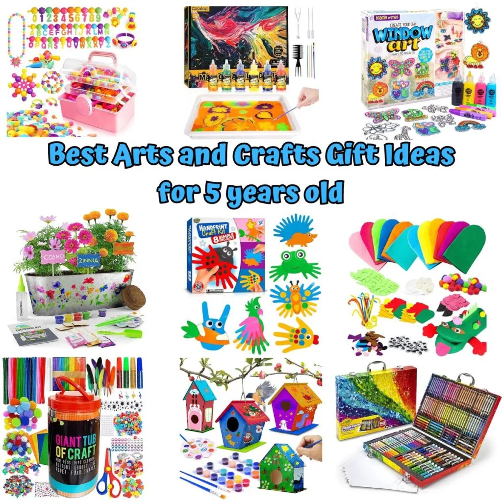 Collage image of art supplies and crafting kits that are perfect for kindergarten children.