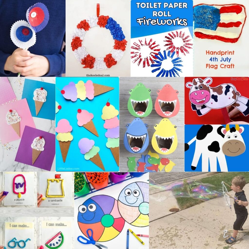Square collage of 12 different activities for young children to do in July. Includes Independence Day, ice cream, cow, and beach-themed crafts.