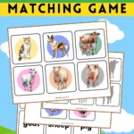 Digital preview of printable game cards featuring watercolor illustrations of animals commonly found on a farm, shadow shapes of the animals, and words.