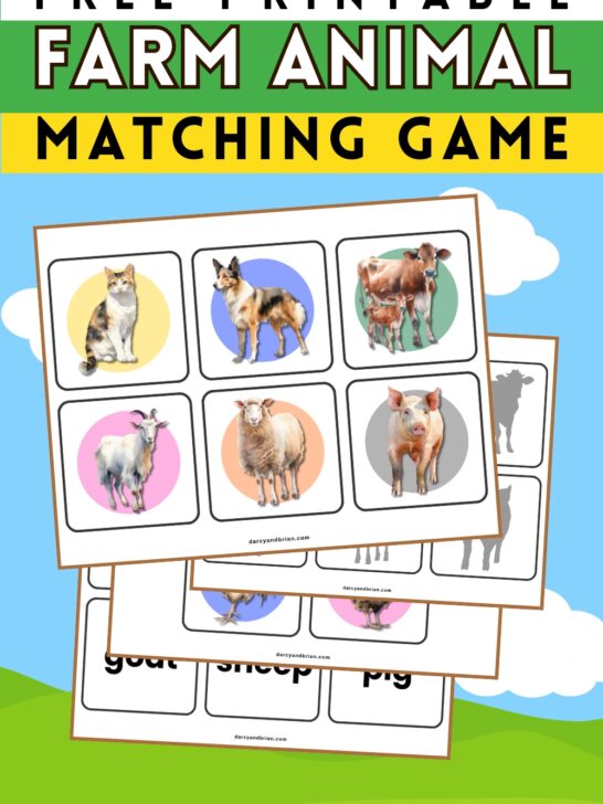 Digital preview of printable game cards featuring watercolor illustrations of animals commonly found on a farm, shadow shapes of the animals, and words.