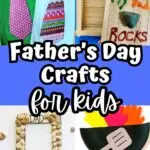 Collage of craft projects featuring a tie, grill, and two different "dad rocks" projects.