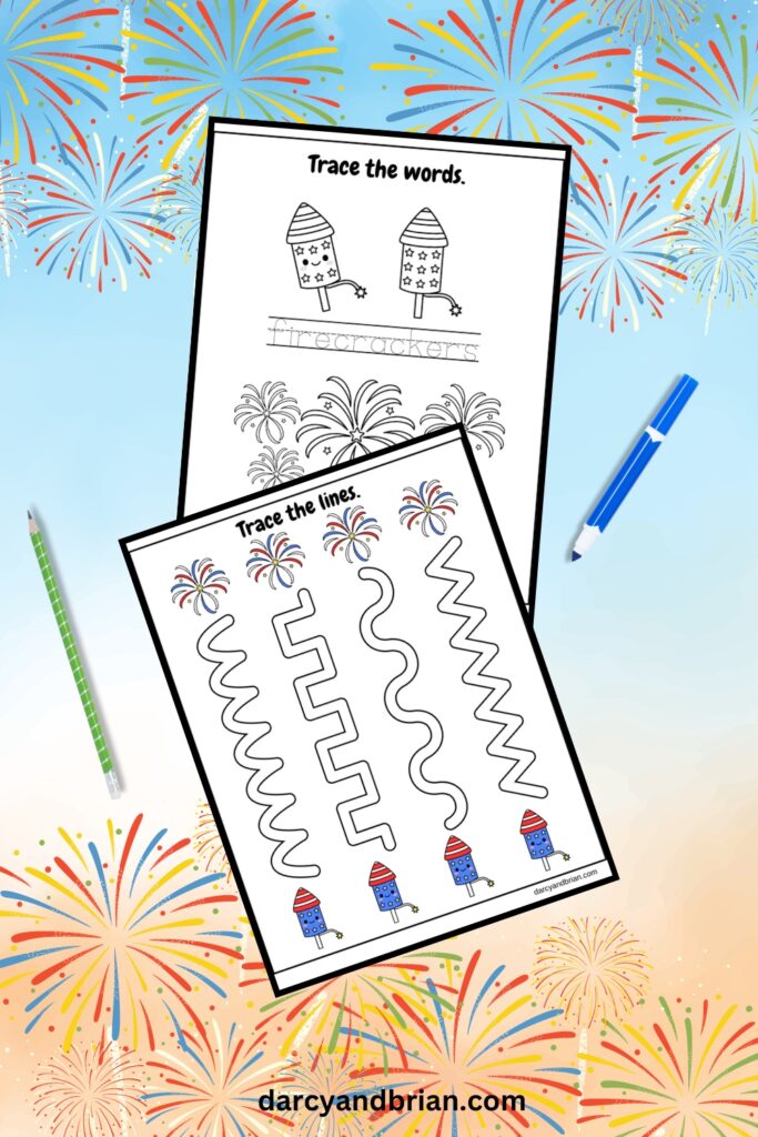 Page with wavy and curvy line paths between firework rocket and colorful starburst. It overlaps page with words to trace.
