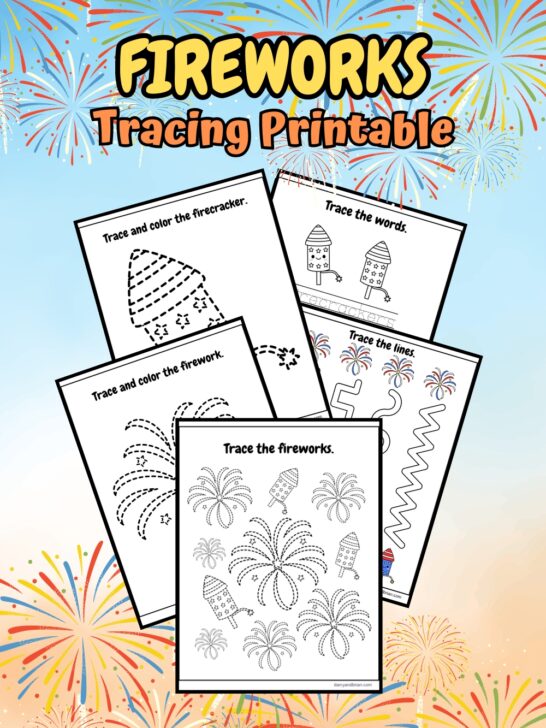 Preview of all 5 4th of July themed tracing pages featuring fireworks fanned out on a colorful background.