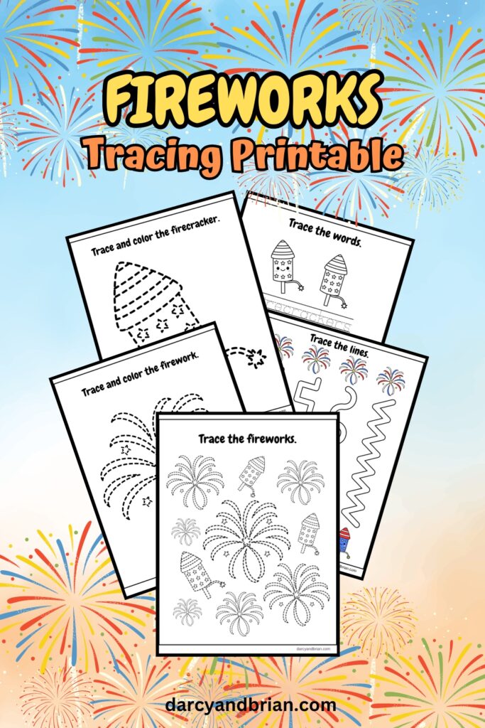 Preview of all 5 4th of July themed tracing pages featuring fireworks fanned out on a colorful background.