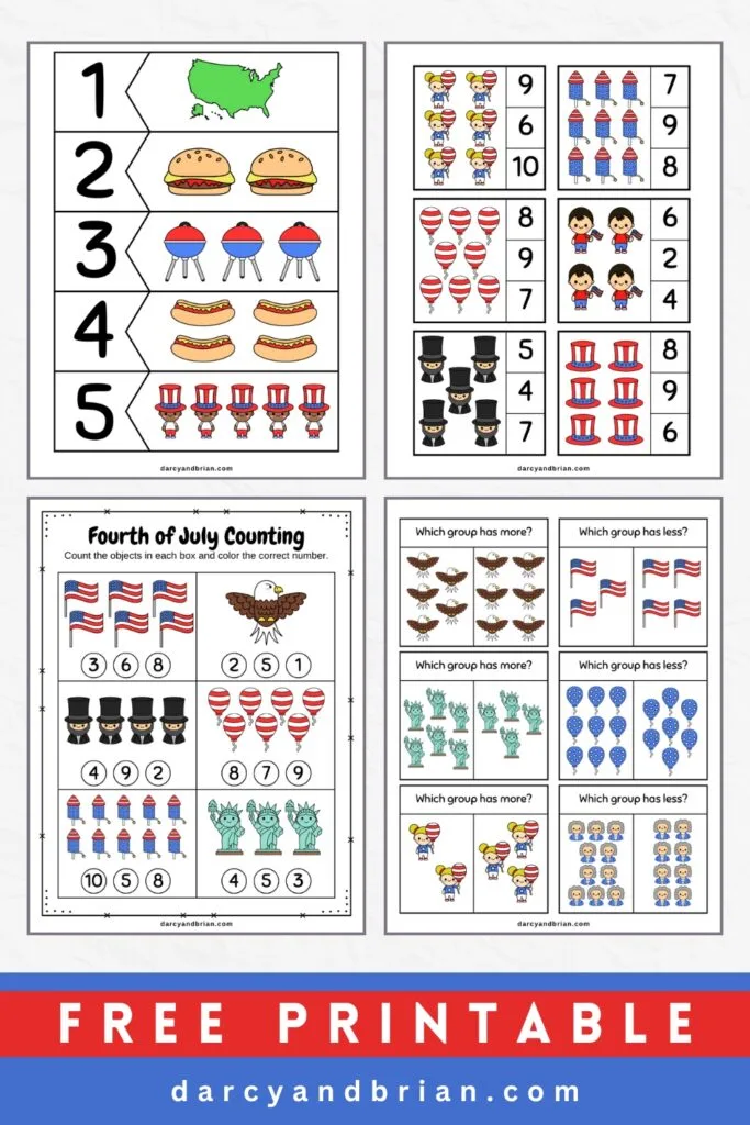 Preview of July 4th-themed number puzzles, counting, and more or less activity pages.