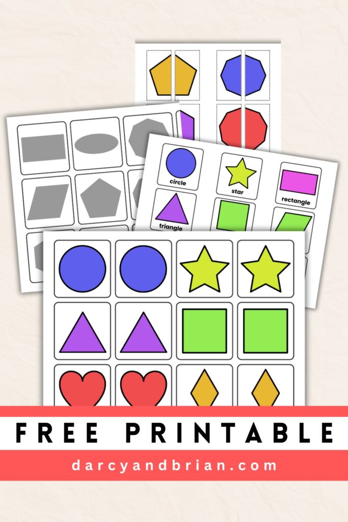 Preschool matching shapes game cards overlapping on a light orange background. Text across bottom says Free Printable.