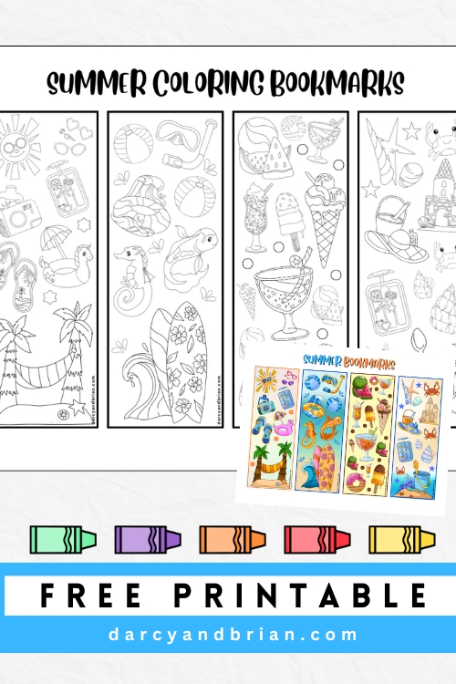 Preview of summer themed paper bookmarks kids can color. Text says free printable along the bottom.