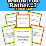 Text at top says Free Printable Summer Edition Would You Rather...? Card Game on a blue background. Preview of six question cards on light background.