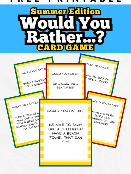 Text at top says Free Printable Summer Edition Would You Rather...? Card Game on a blue background. Preview of six question cards on light background.