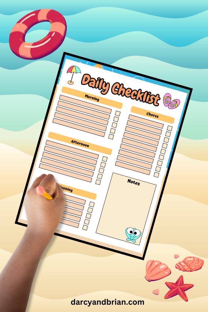Child using pencil on evening section of daily checklist with beach design.