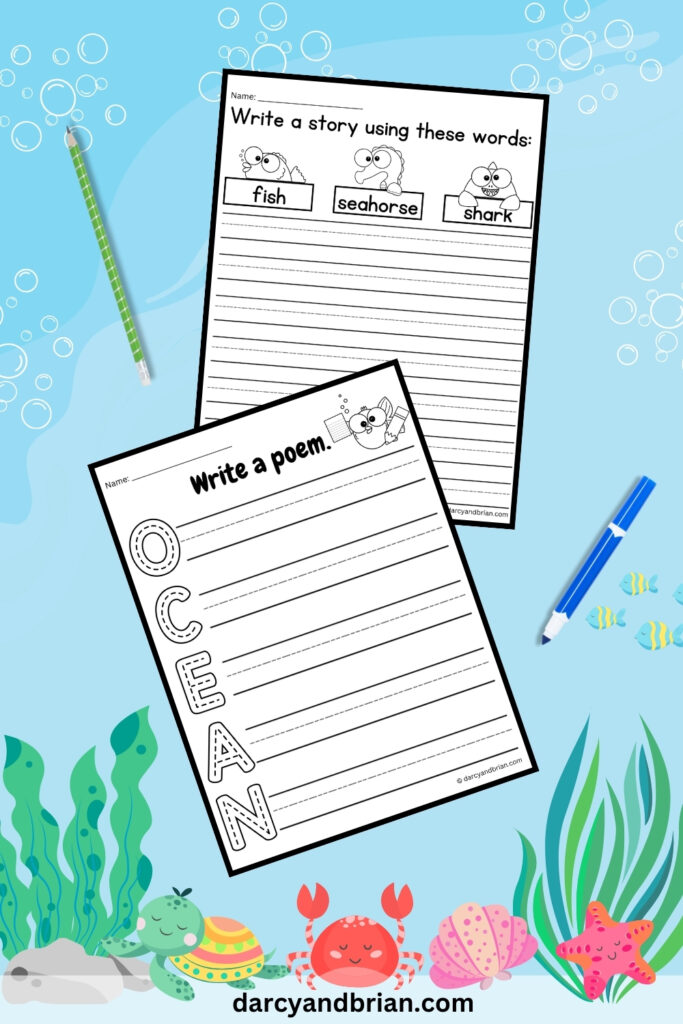 Two worksheets on an ocean background. One is an acrostic poem and the other asks kids to use the words fish, seahorse, and shark in a story.