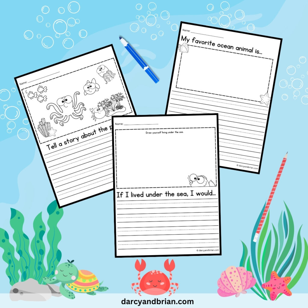 Three pages with thought starters for composing a story about deep sea creatures.