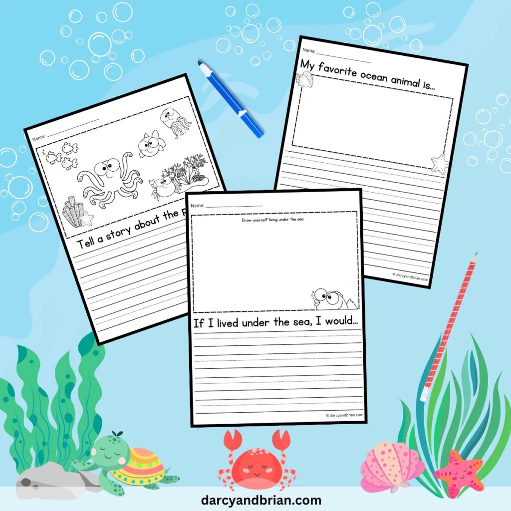 Three pages with thought starters for composing a story about deep sea creatures.