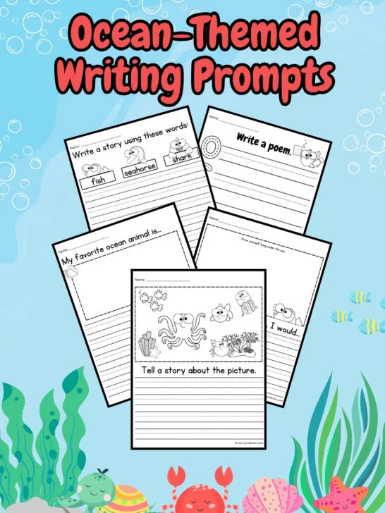 Preview of five worksheets for ocean themed writing activities.