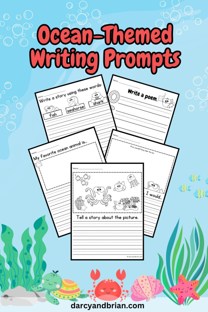 Preview of five worksheets for ocean themed writing activities.