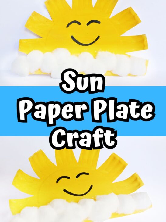 Two completed suns made with part of a paper plate and cotton balls. Center has white and black text on a blue background that says sun paper plate craft.