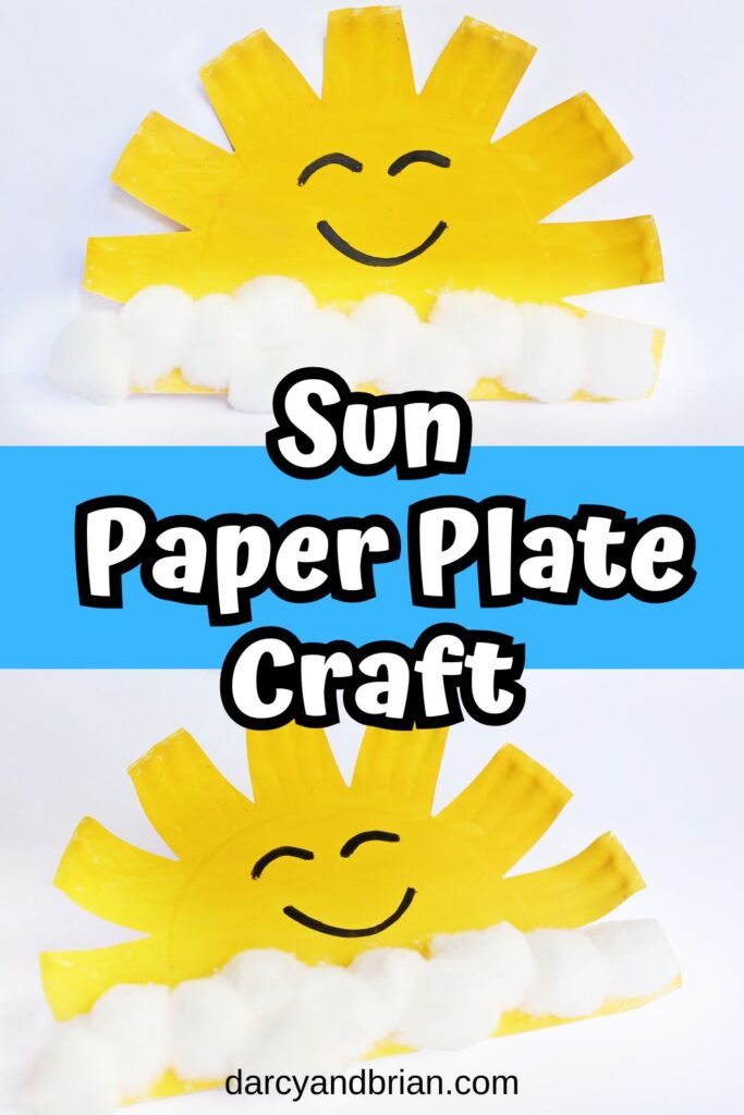 Two completed suns made with part of a paper plate and cotton balls. Center has white and black text on a blue background that says sun paper plate craft.