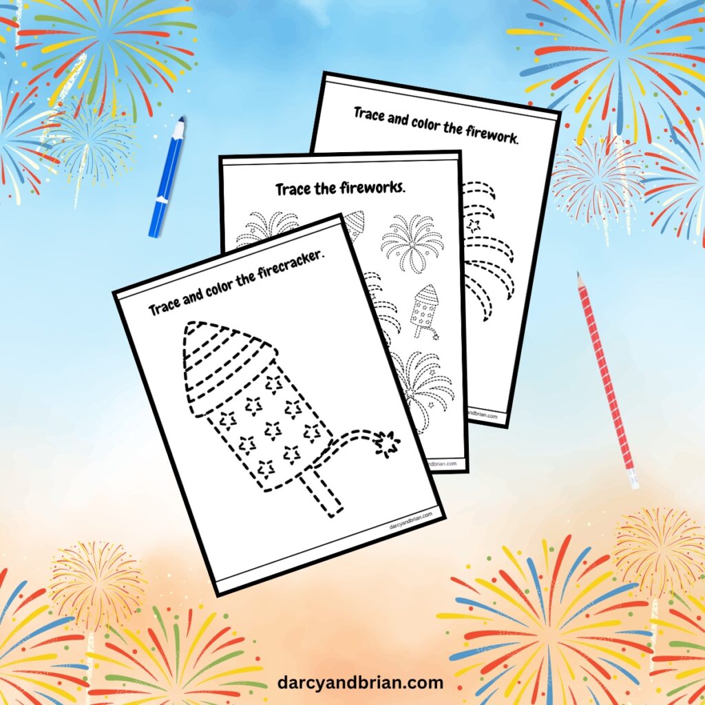 Three pages with fireworks to trace and color overlapping each other on a colorful background.