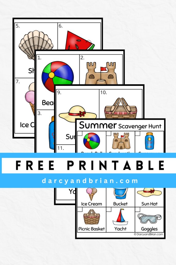 Digital preview of summer beach scavenger hunt checklist page and object cards overlapping on white background. Text says FREE PRINTABLE across the center on a white and blue striped box.