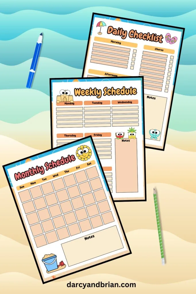 3 pages of kids' summer-themed printable planner overlapping and next to a pencil and marker on a beach background.