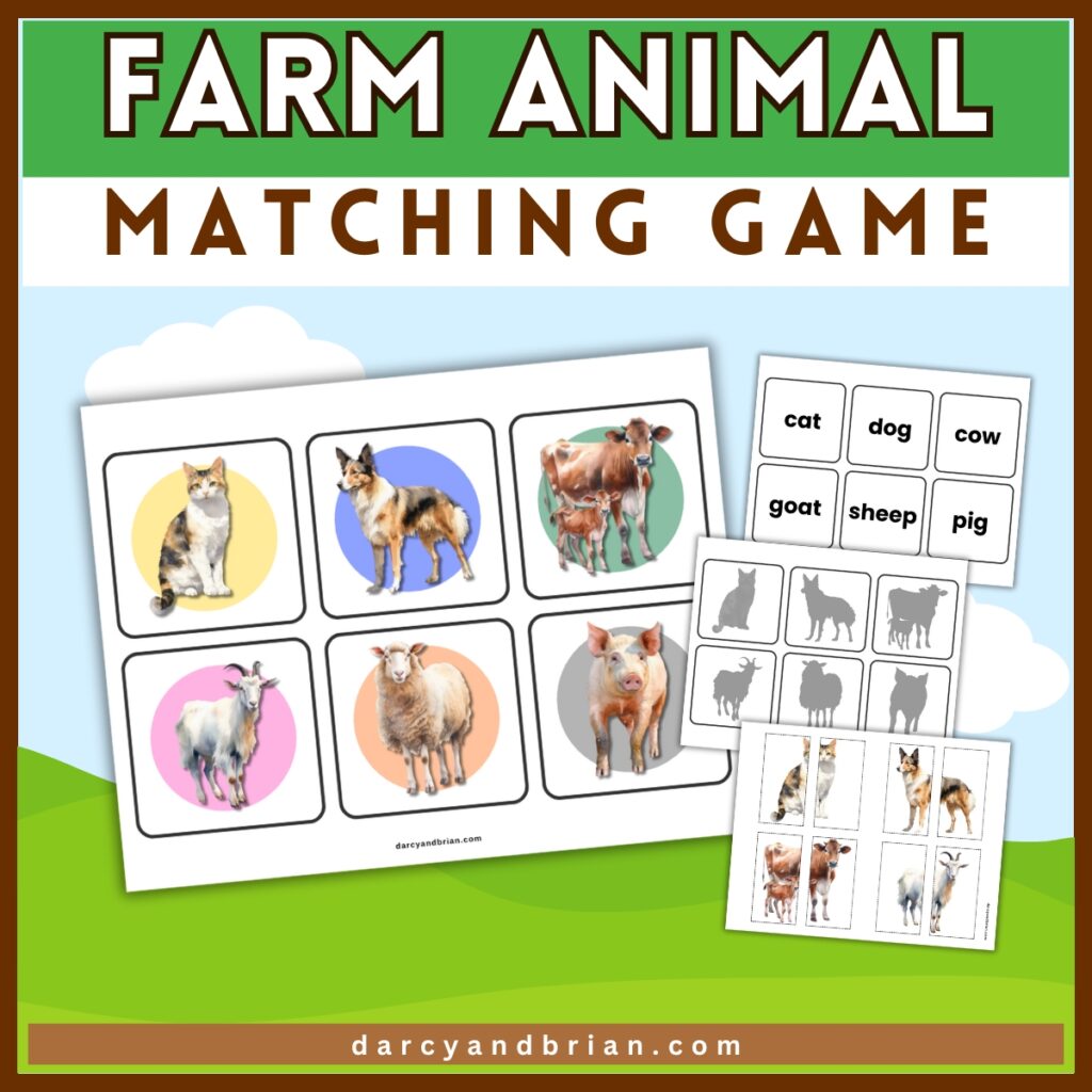 Mockup showing different game cards included such as colorful farm animals, animal names, matching shadows, and matching halves of each animal.