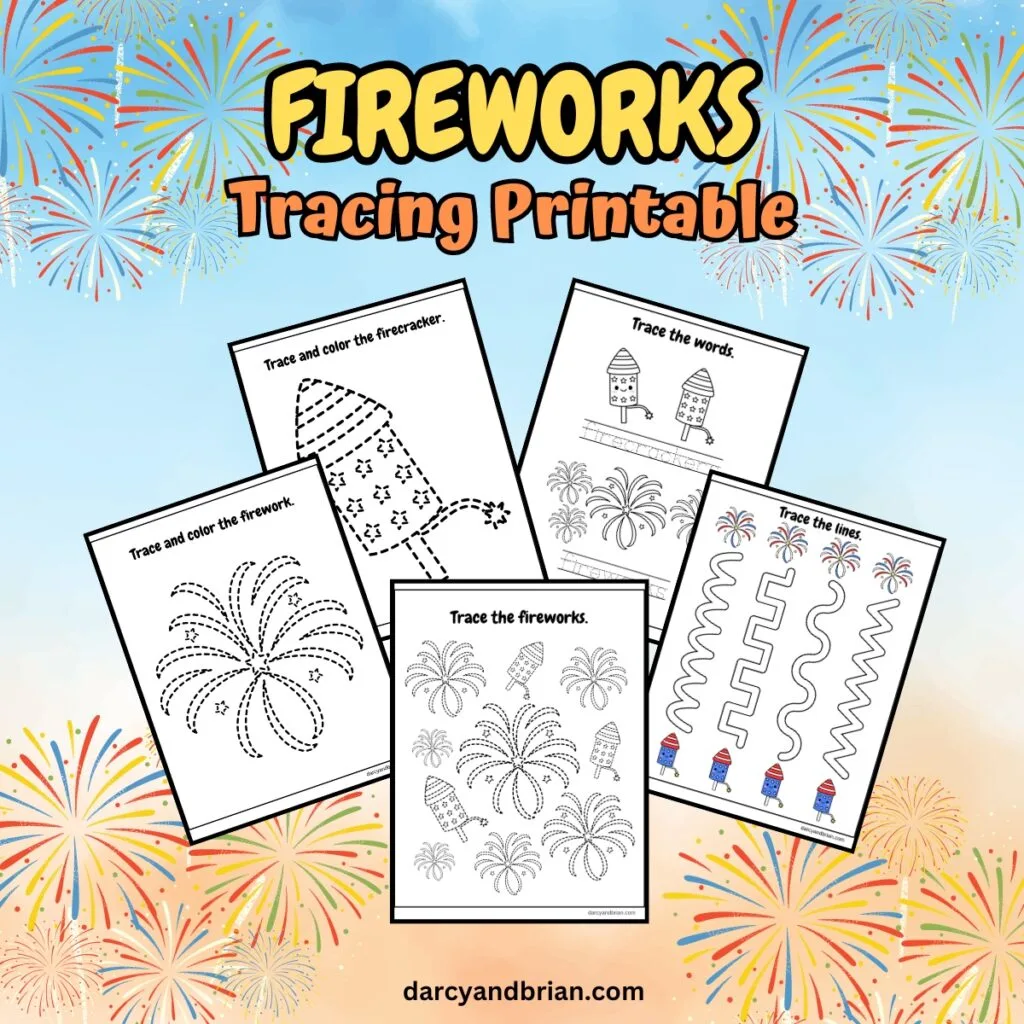 Line paths and firework pictures with dashed outlines for preschoolers to trace and color.
