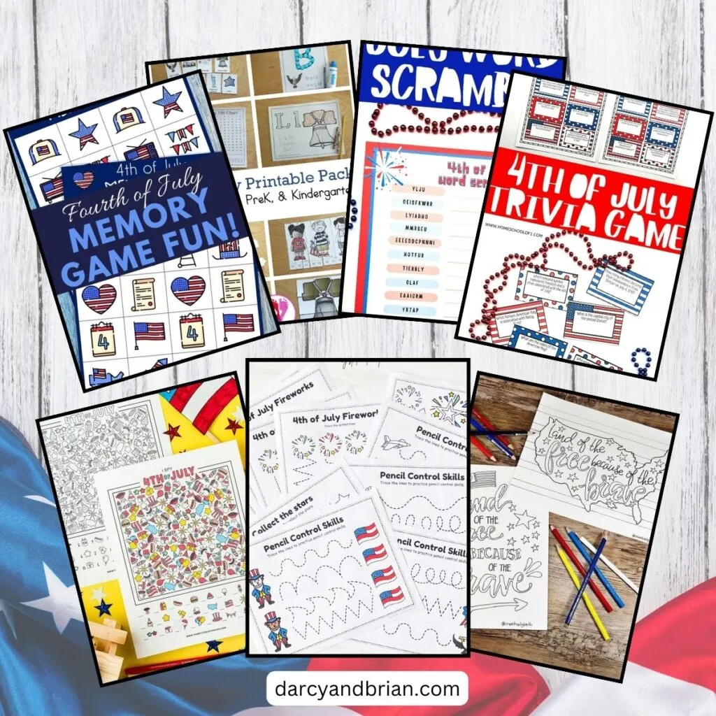 Mockup showing seven different printable patriotic learning activities on a background with a table and American flag.