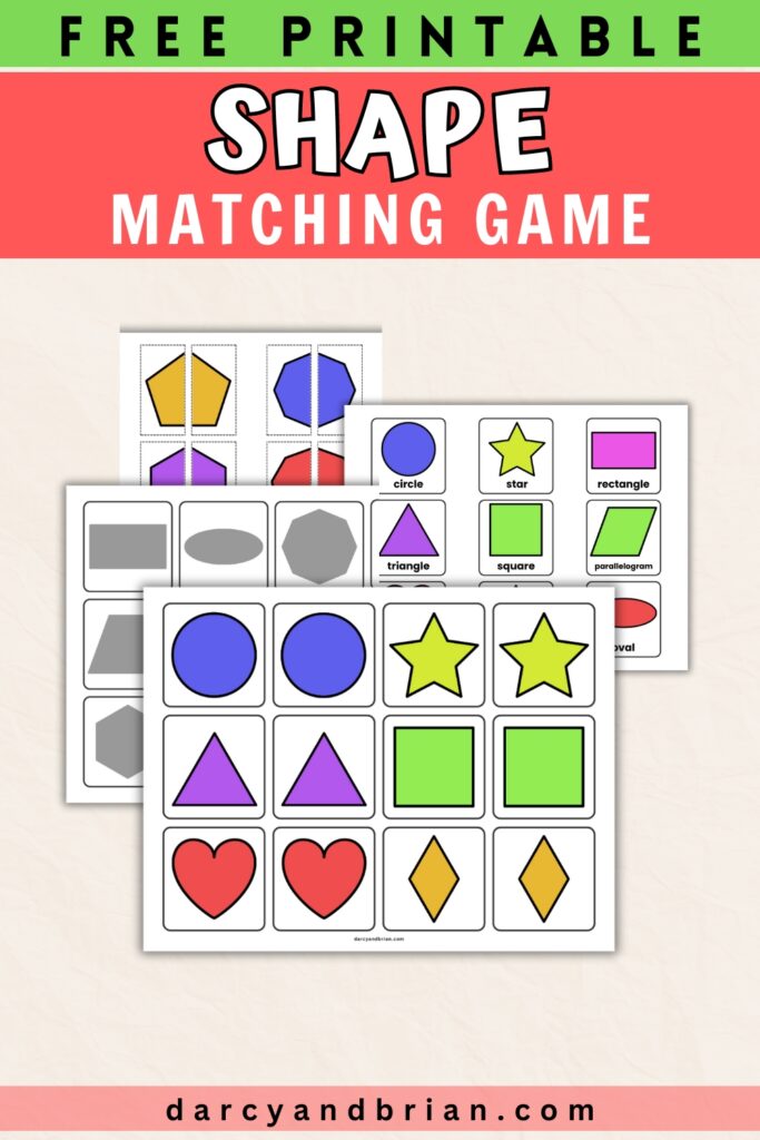 Black and white text on green and reddish orange background at the top says Free Printable Shape Matching Game. Preview of game cards is below that.