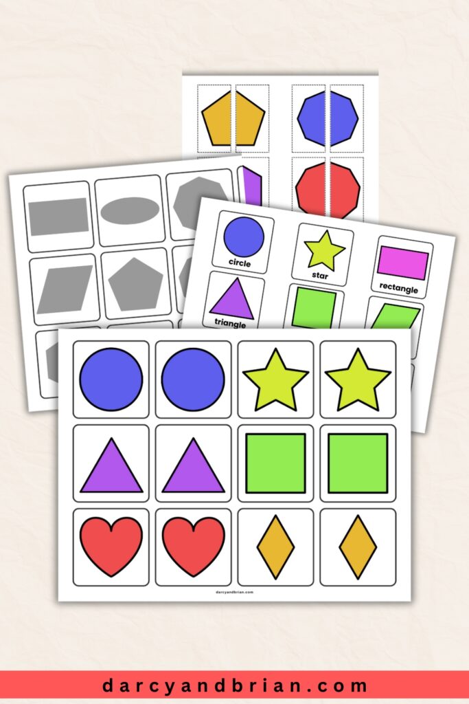 Printable matching game cards with assorted geometric objects in different colors.