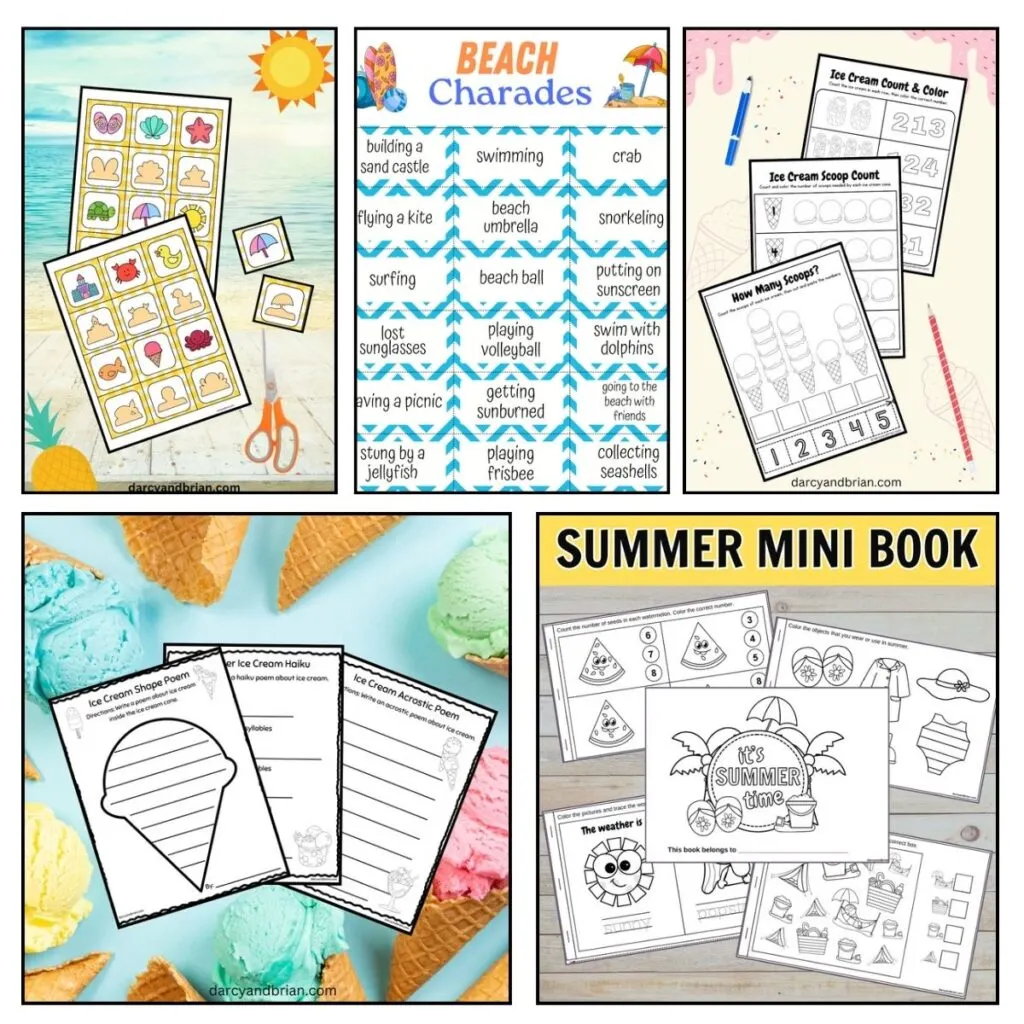 Images of five different printable summer activities for kids: summer match game, beach charades cards, ice cream themed math worksheets, ice cream poem worksheets, and mini activity pages.