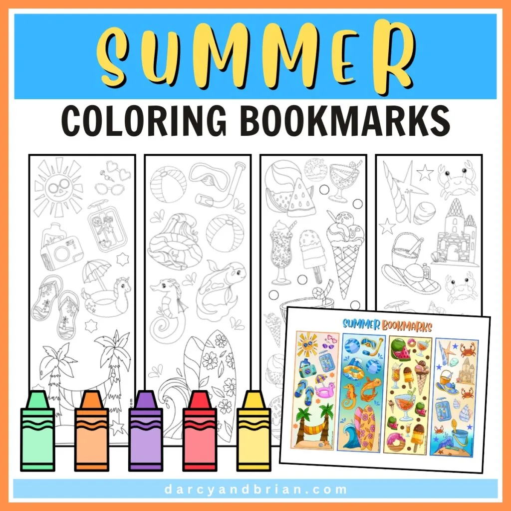 Preview of both color and black and white bookmarks with fun summer theme illustrations. Clipart crayons in assorted colors line the bottom. The top says SUMMER in yellow on a blue background. Beneath that is black text on white that says Coloring Bookmarks.