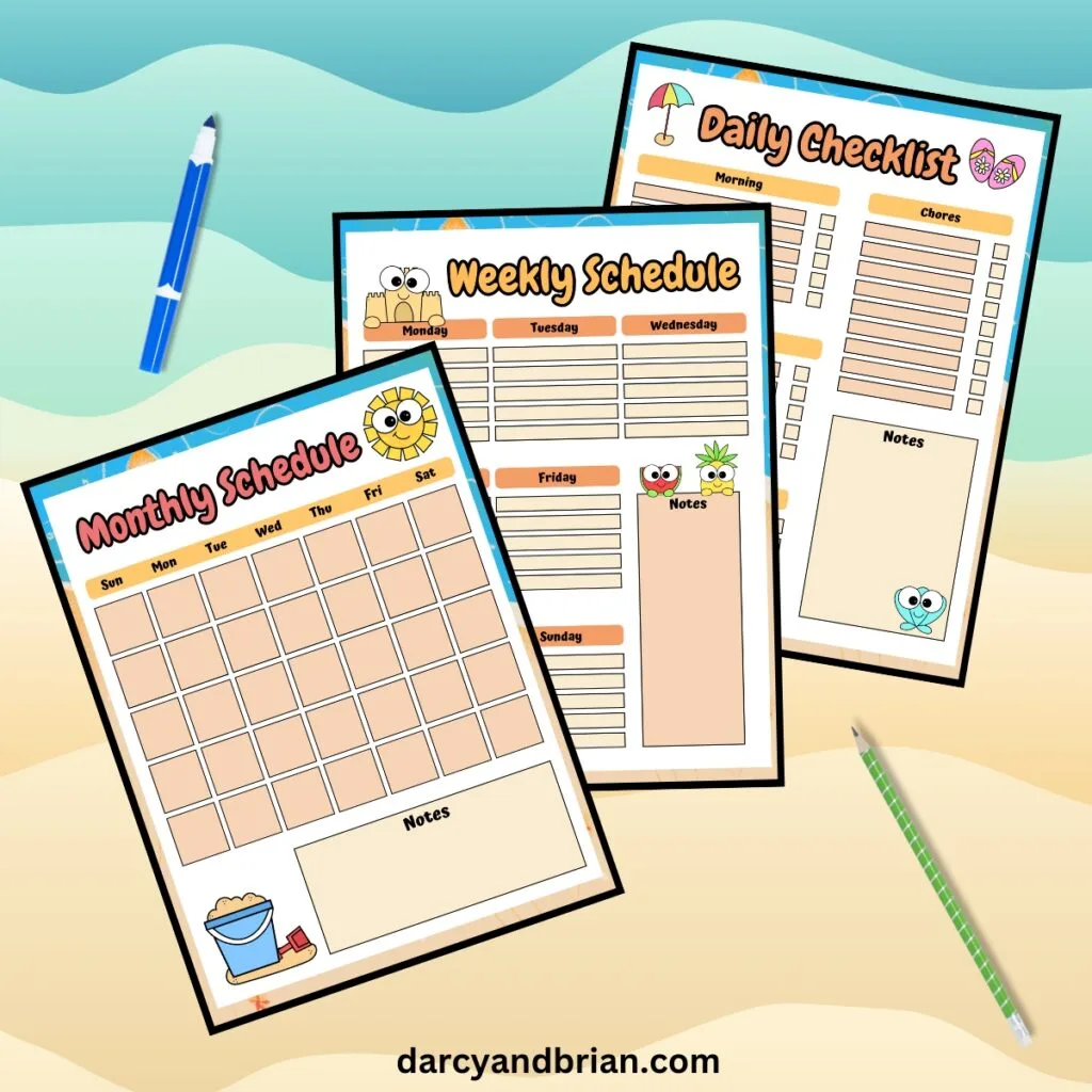 Monthly, daily, and weekly scheduler pages with a cute beach theme for kids.