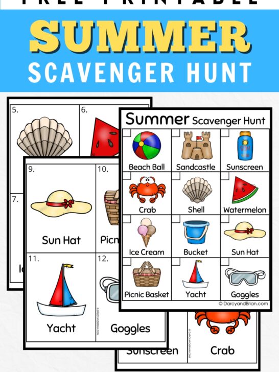 Text at top in black, yellow, and white says Free Printable Summer Scavenger Hunt on a white and light blue background. Preview of full color checklist of beach-themed items and cards of each object.