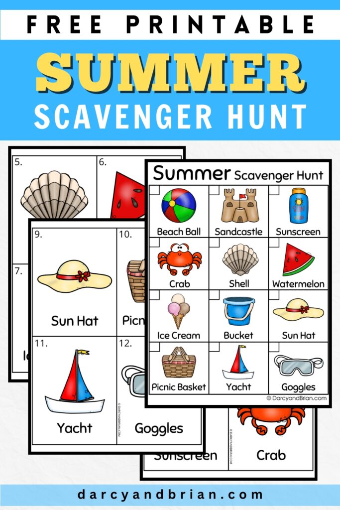 Text at top in black, yellow, and white says Free Printable Summer Scavenger Hunt on a white and light blue background. Preview of full color checklist of beach-themed items and cards of each object.